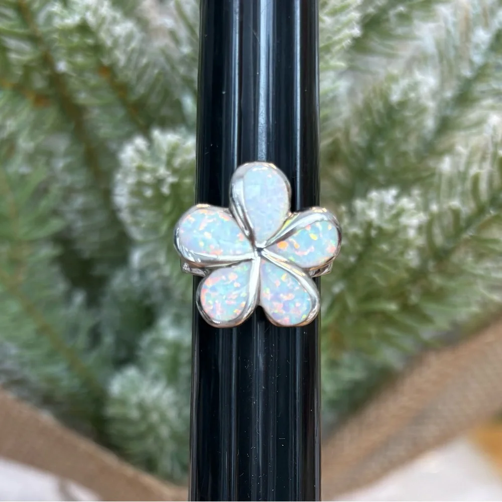 Stunning Opal Inlay Flower Ring solid Sterling Silver 925 Artisan Made sz 6 7/8 - Picture 5 of 12